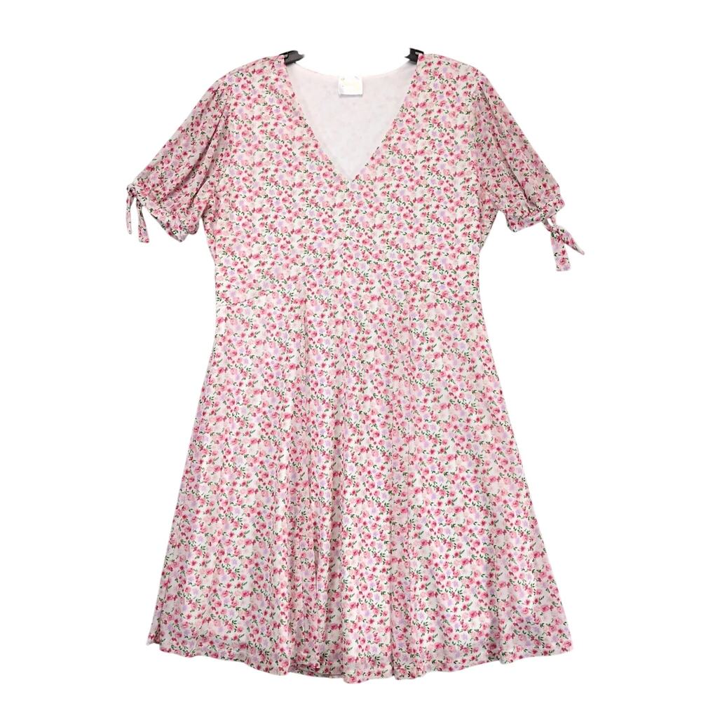 Siren Lily White Pink Floral Babydoll Dress Sz L Knee-Length Sheer Tie Puff Slv